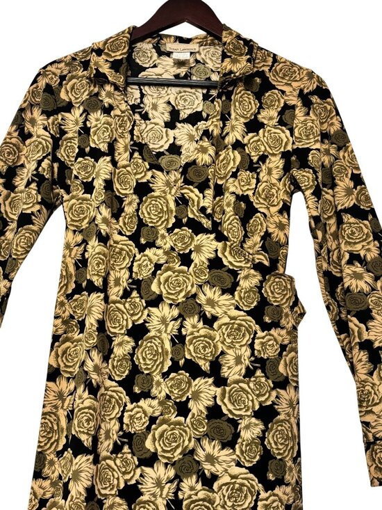 Susan Lawrence Dresses & Skirts - Susan Lawrence Black & Gold Floral Wrap Dress Long Sleeve Made In USA Size M